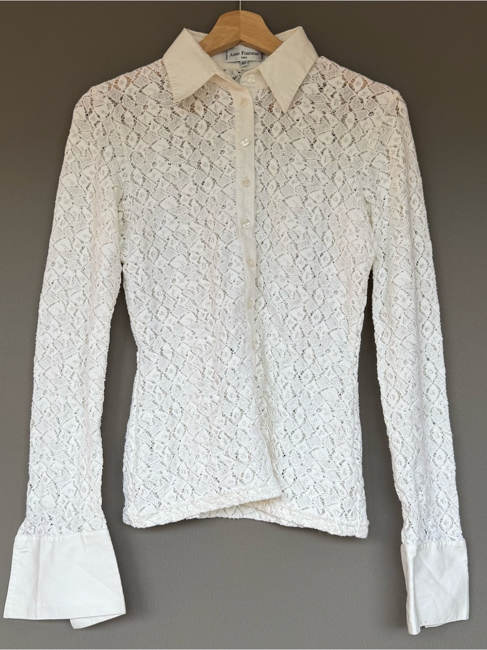 vtg Y2K Anne Fontaine Paris sheer lace French cuff shirt womens white FR 40 US 6